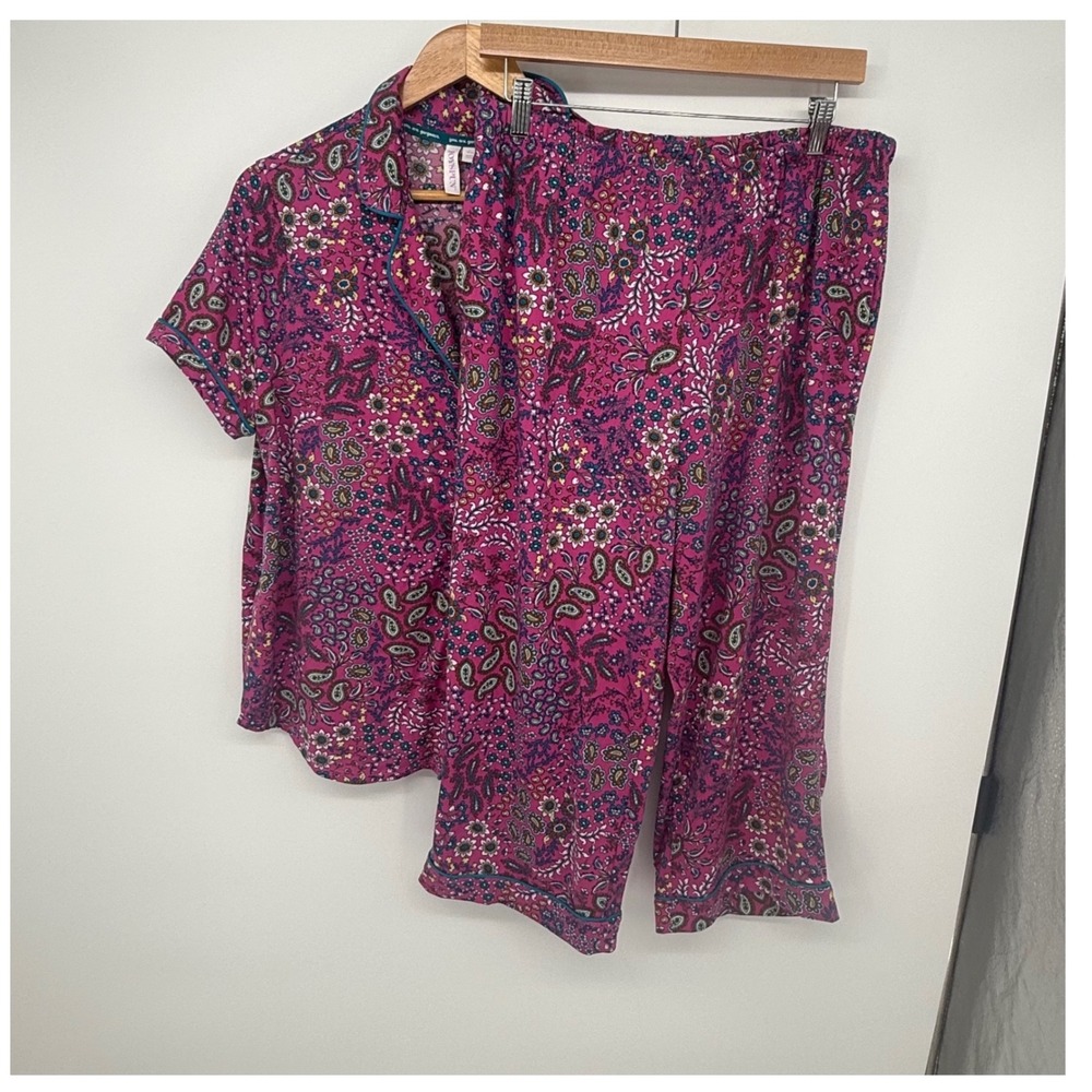 Joyspun Pajamas Set Pink Floral Paisley Short Sleeve Top Capris Womens L 12/14